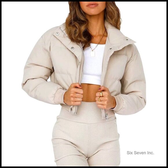 Jackets & Blazers - Cropped Puffer Jacket Quilted Lightweight Chic Y2K Winter Outerwear Long Sleeve